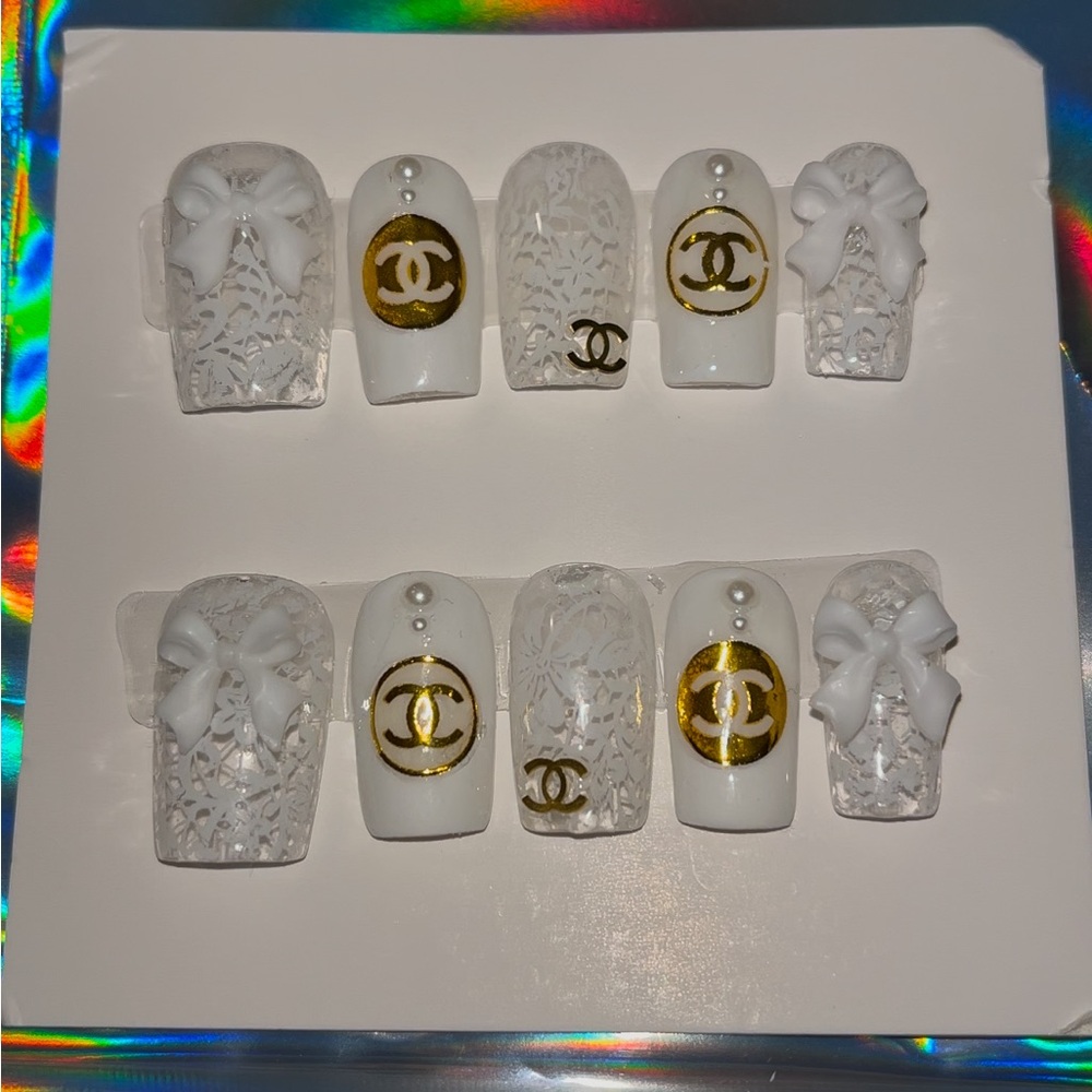 10 PC Hand Crafted White Lacy Nails NWT